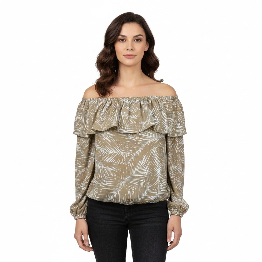 Michael Michael Kors Tan Palm Print Off the Shoulder Ruffle Blouse Small